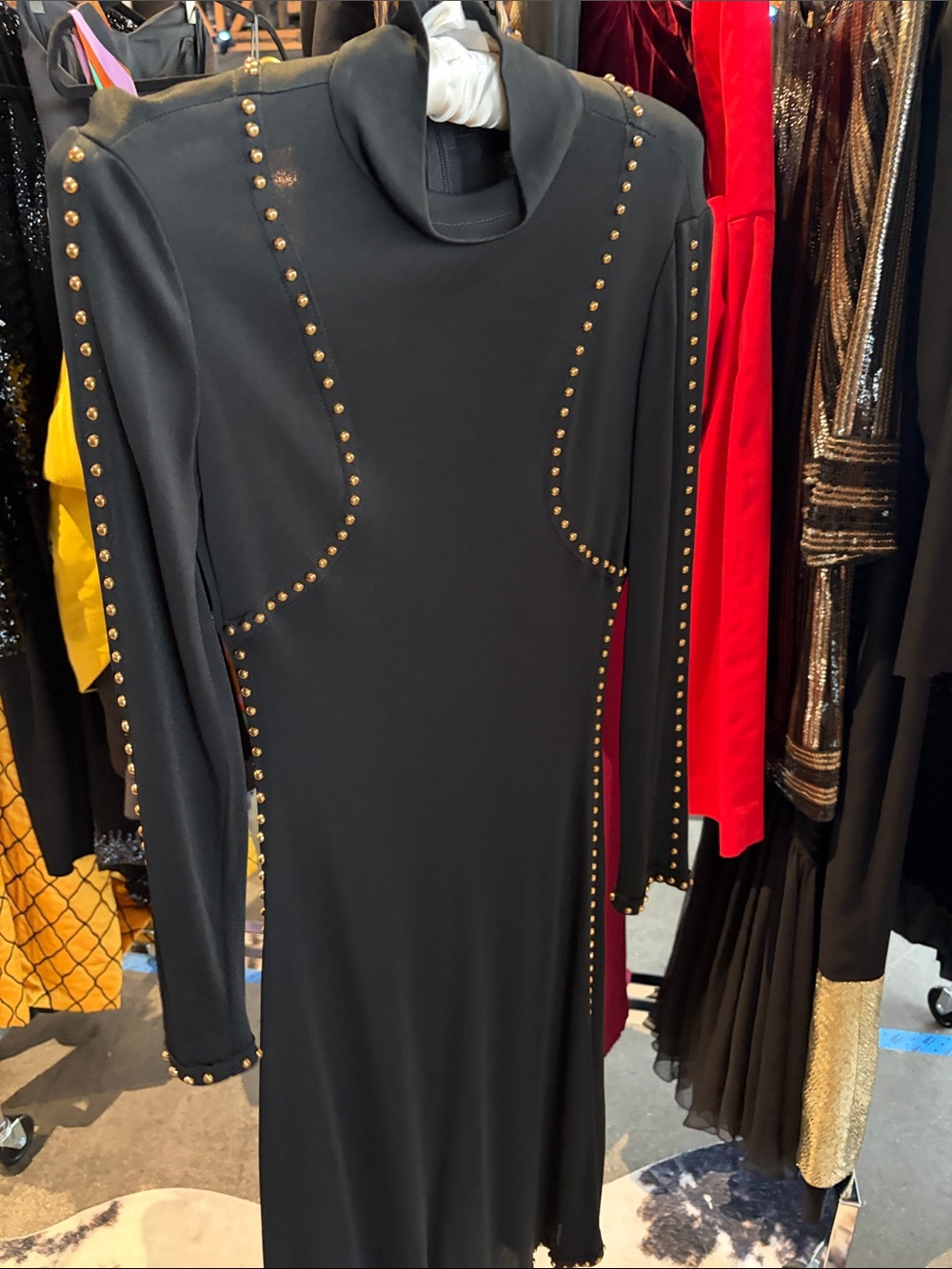 Black Stud-Trim Turtleneck Maxi Dress